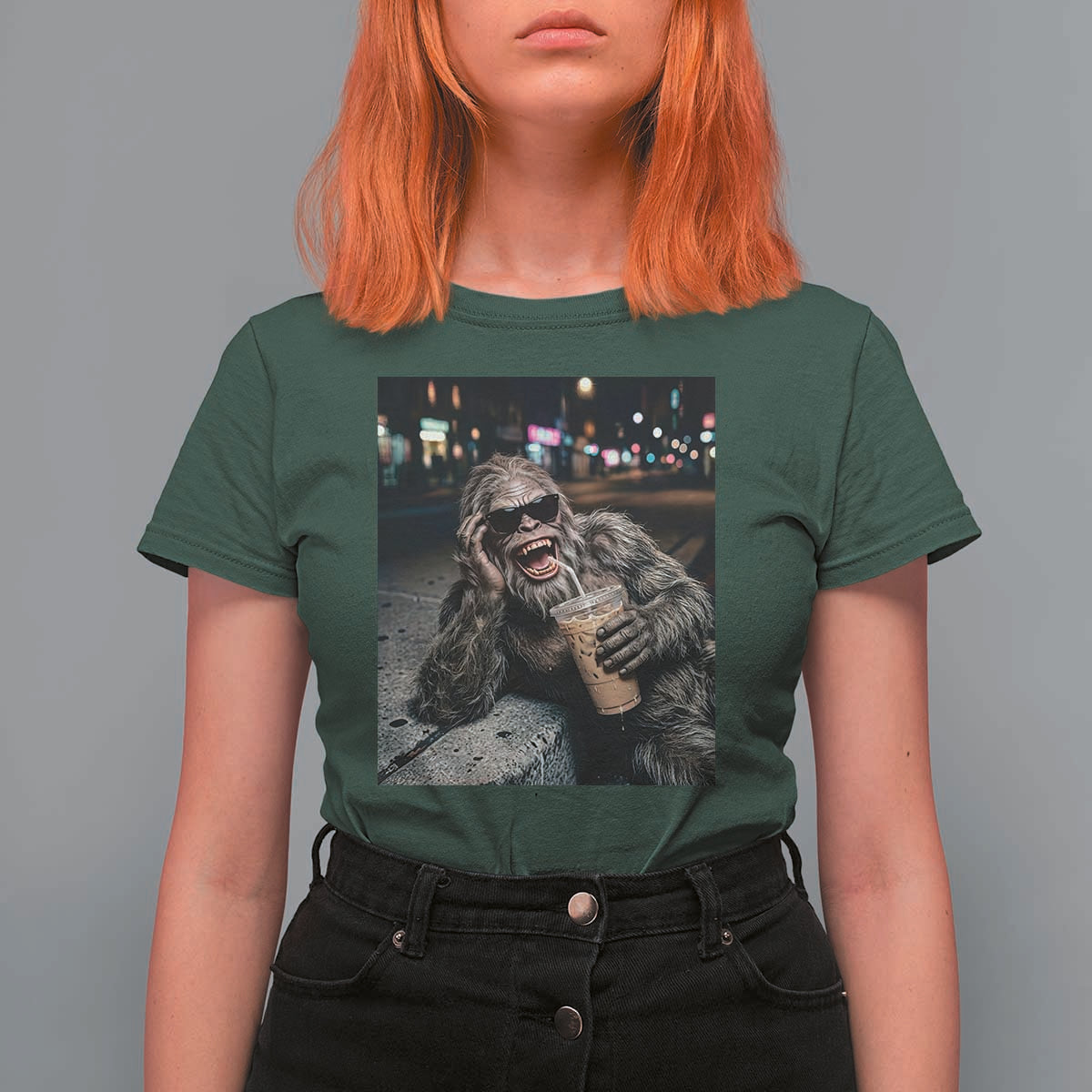 Bigfoot Drinking Iced Coffee T Shirt For Women Funny Sasquatch Streetwear