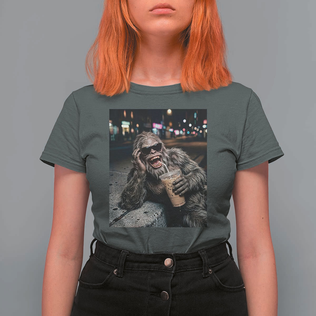 Bigfoot Drinking Iced Coffee T Shirt For Women Funny Sasquatch Streetwear