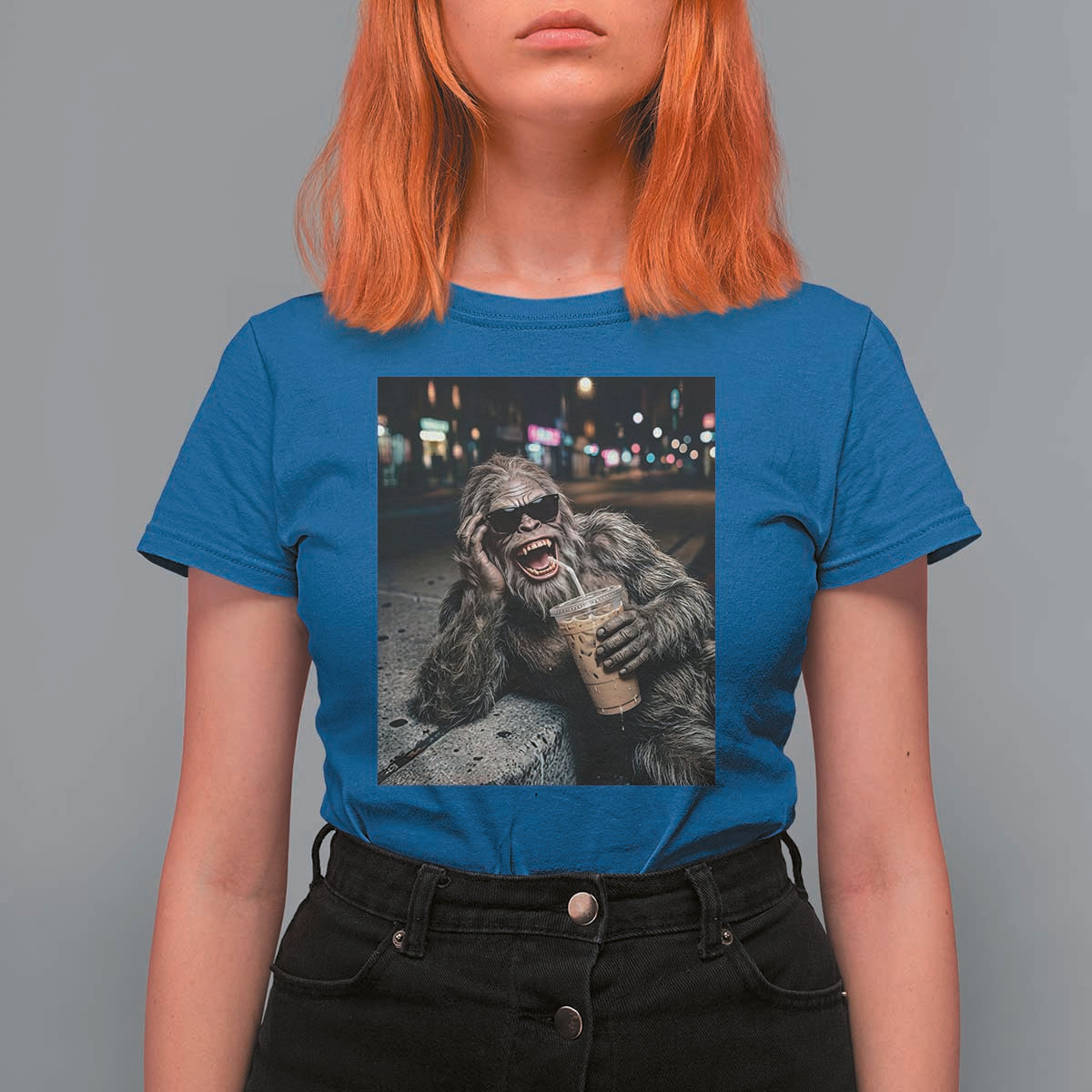 Bigfoot Drinking Iced Coffee T Shirt For Women Funny Sasquatch Streetwear