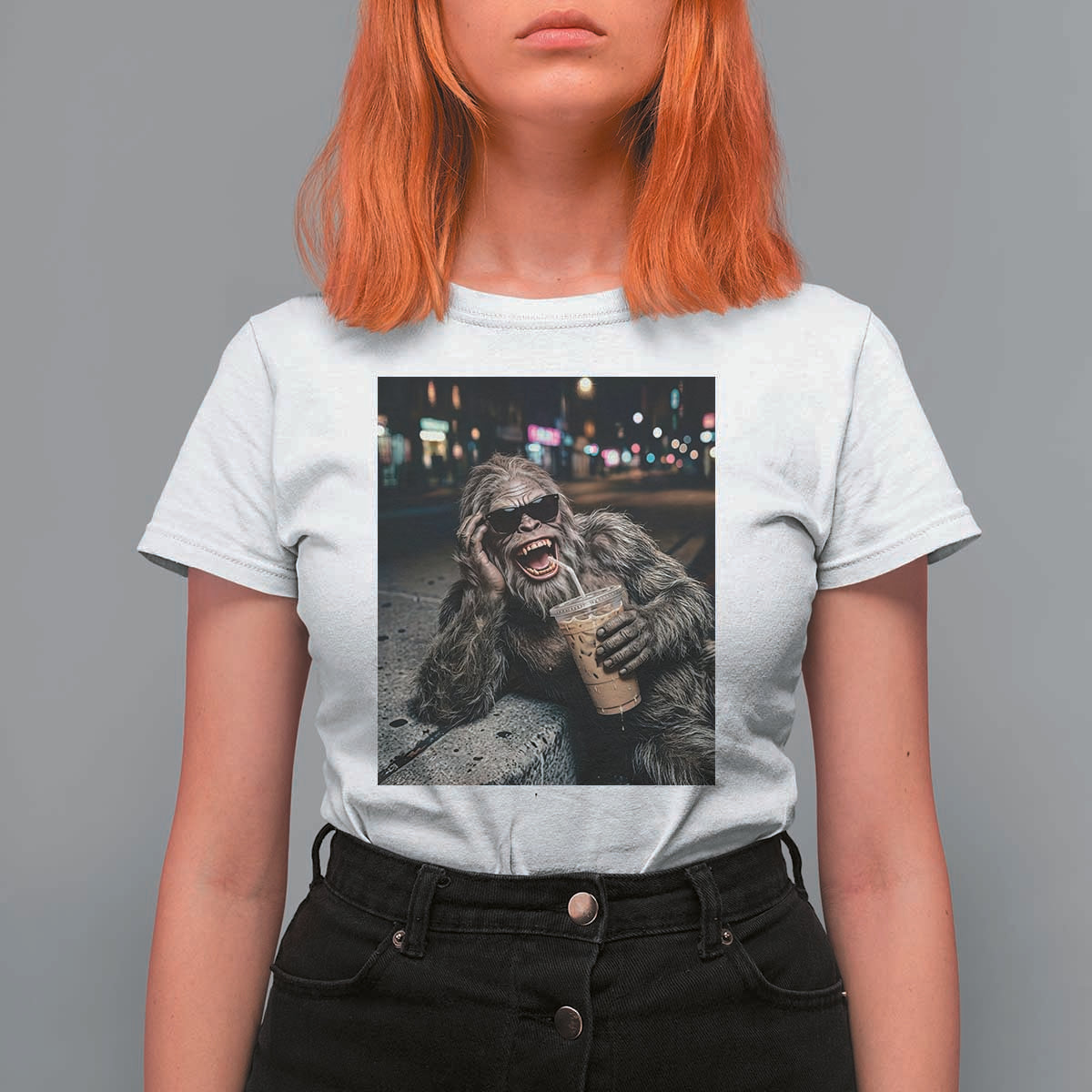 Bigfoot Drinking Iced Coffee T Shirt For Women Funny Sasquatch Streetwear
