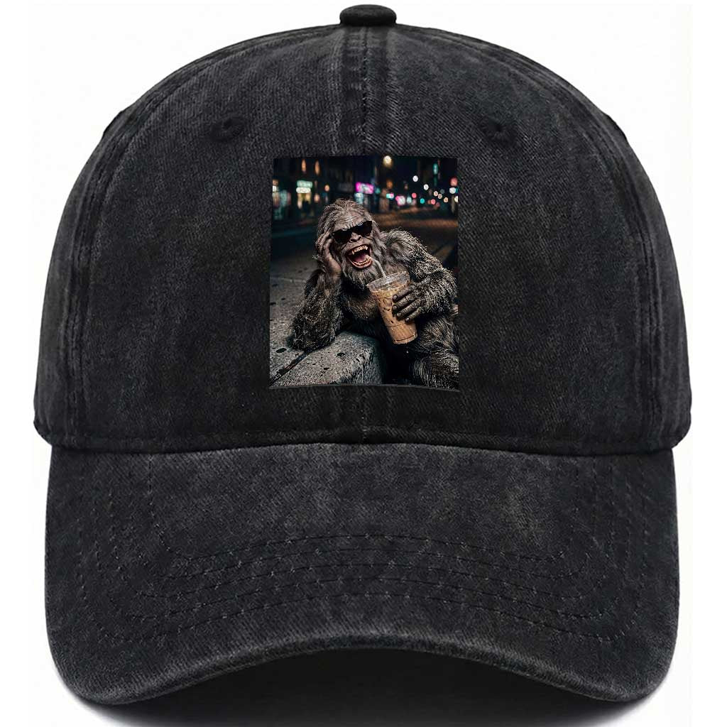 Bigfoot Drinking Iced Coffee Washed Cotton Baseball Cap Funny Sasquatch Streetwear