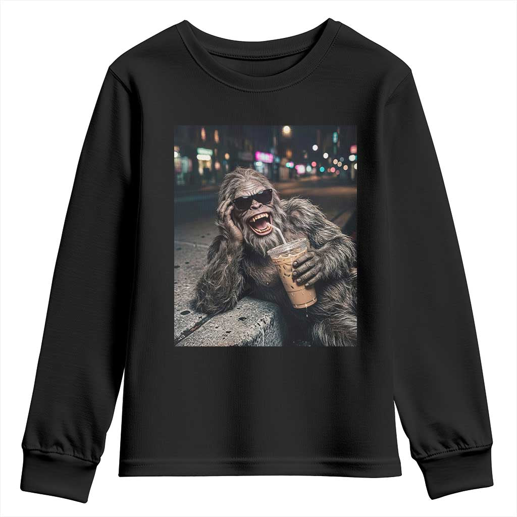 Bigfoot Drinking Iced Coffee Youth Sweatshirt Funny Sasquatch Streetwear