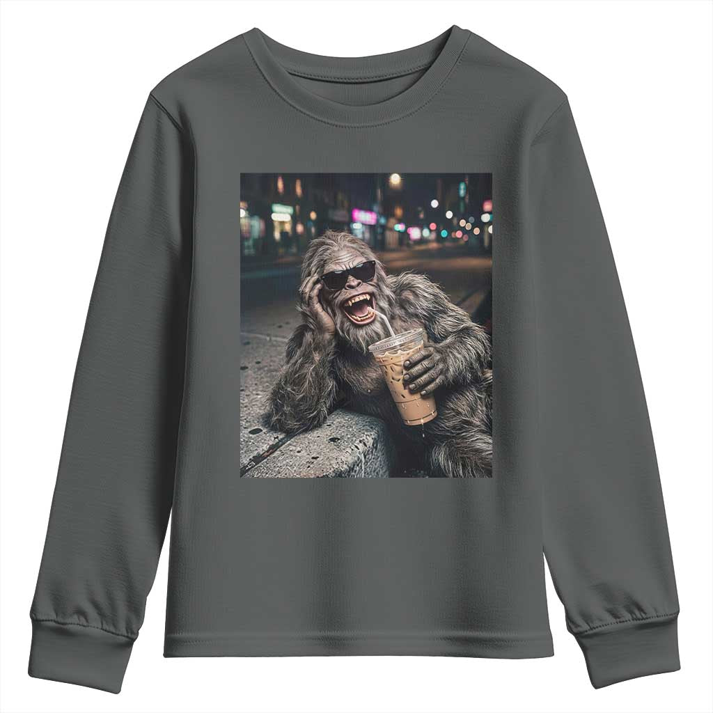 Bigfoot Drinking Iced Coffee Youth Sweatshirt Funny Sasquatch Streetwear