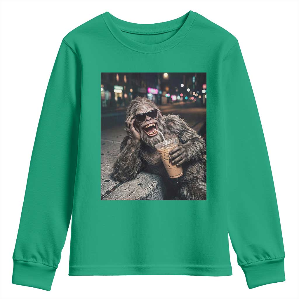 Bigfoot Drinking Iced Coffee Youth Sweatshirt Funny Sasquatch Streetwear