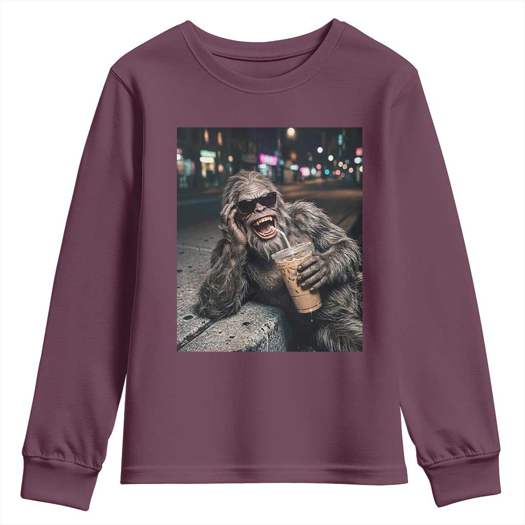 Bigfoot Drinking Iced Coffee Youth Sweatshirt Funny Sasquatch Streetwear