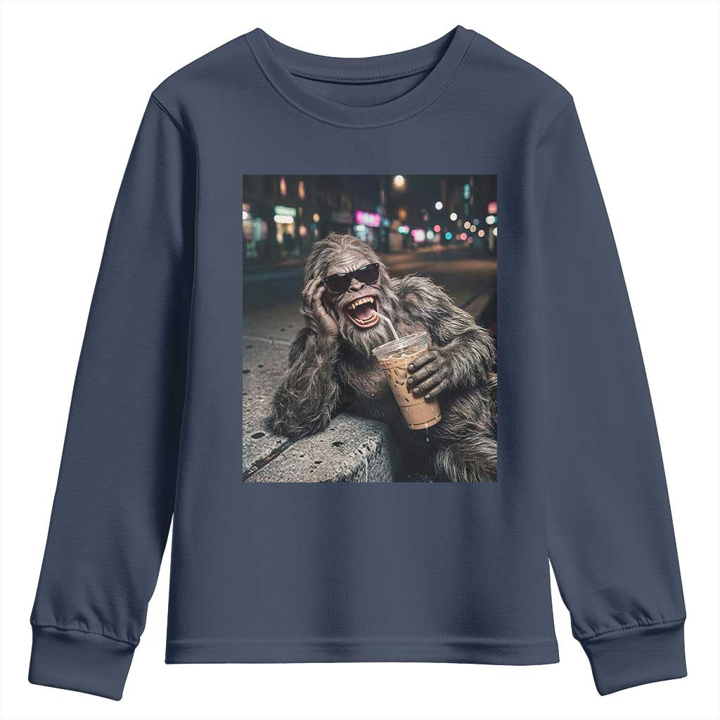 Bigfoot Drinking Iced Coffee Youth Sweatshirt Funny Sasquatch Streetwear