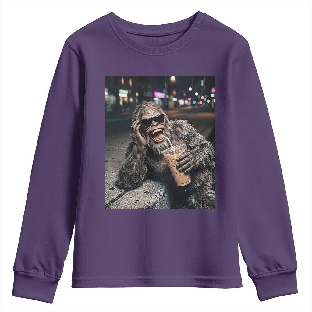 Bigfoot Drinking Iced Coffee Youth Sweatshirt Funny Sasquatch Streetwear