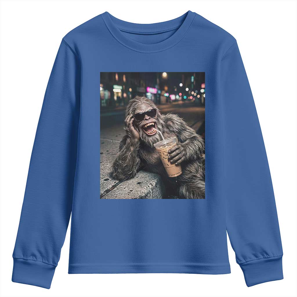 Bigfoot Drinking Iced Coffee Youth Sweatshirt Funny Sasquatch Streetwear