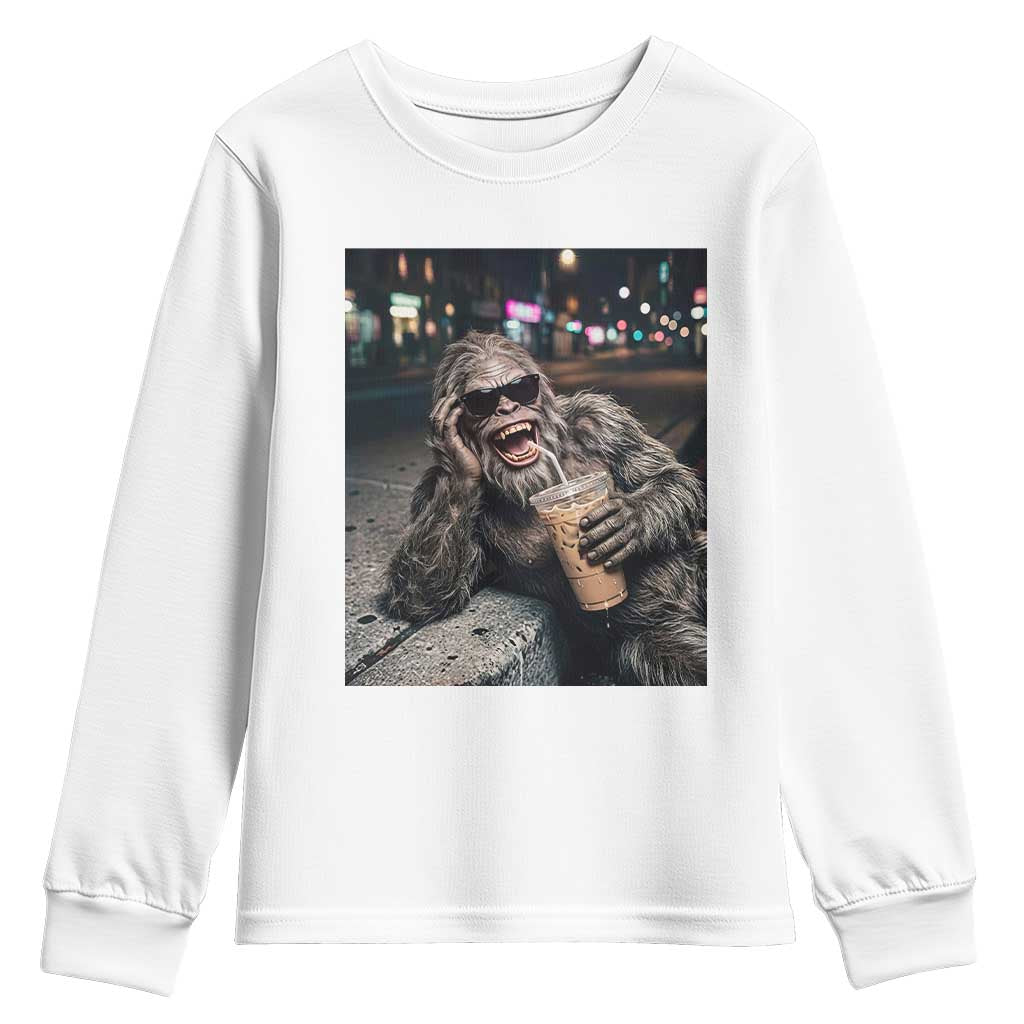 Bigfoot Drinking Iced Coffee Youth Sweatshirt Funny Sasquatch Streetwear
