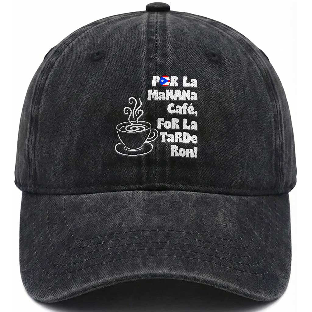 Por La Mañana Cafe Washed Cotton Baseball Cap Puerto Rican Music Lover Coffee Fan