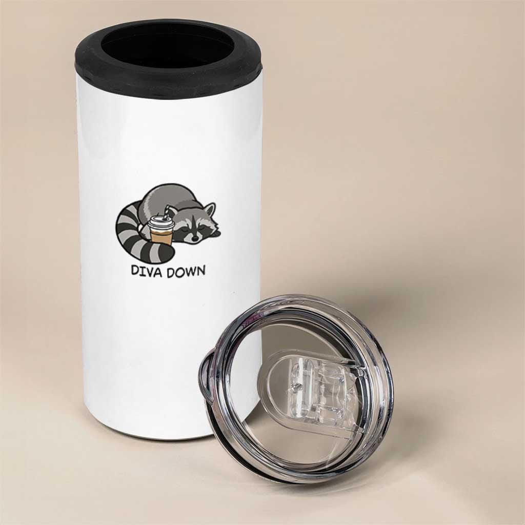 Diva Down 4 in 1 Can Cooler Tumbler Funny Raccoon Relaxed