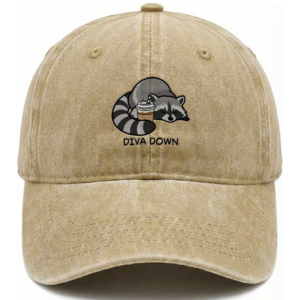 Diva Down Washed Cotton Baseball Cap Funny Raccoon Relaxed