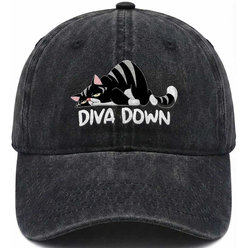 Diva Down Washed Cotton Baseball Cap Funny Sarcastic Cat Meme