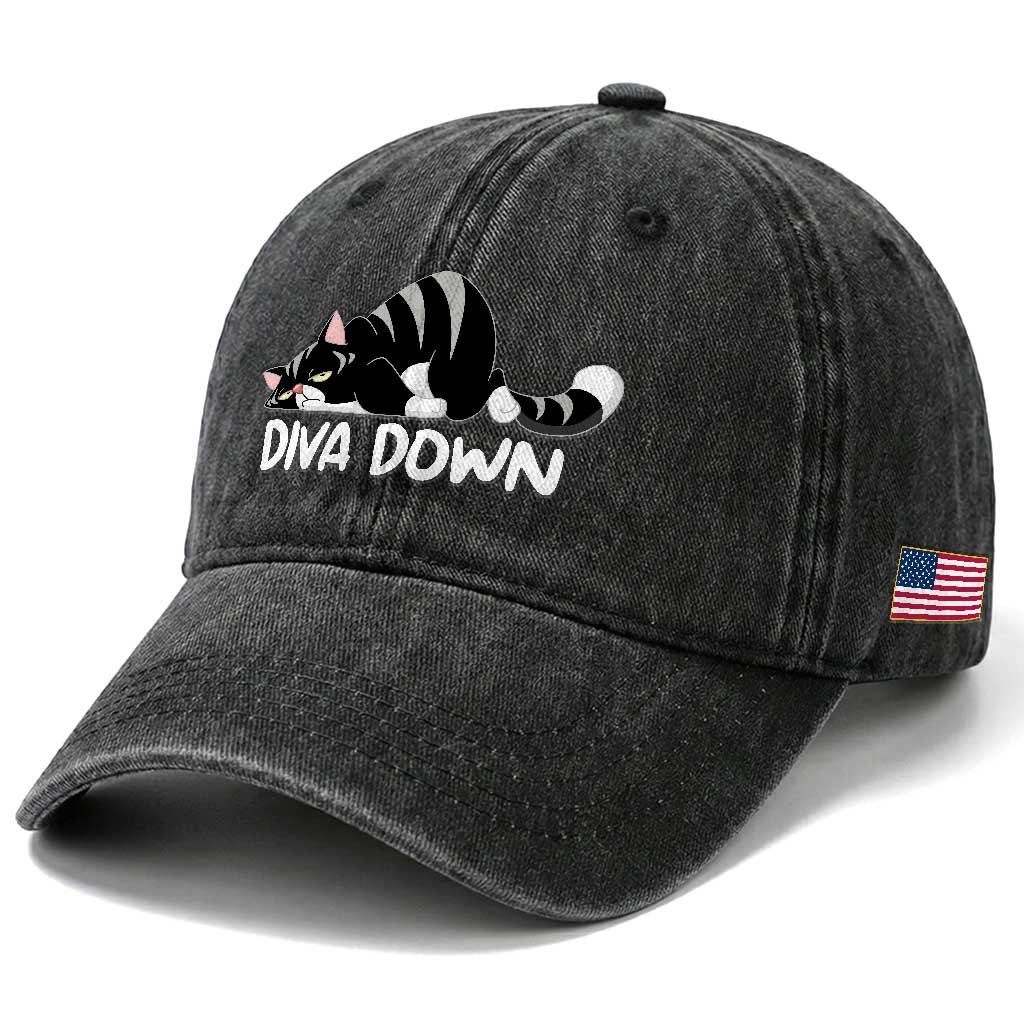 Diva Down Washed Cotton Baseball Cap Funny Sarcastic Cat Meme