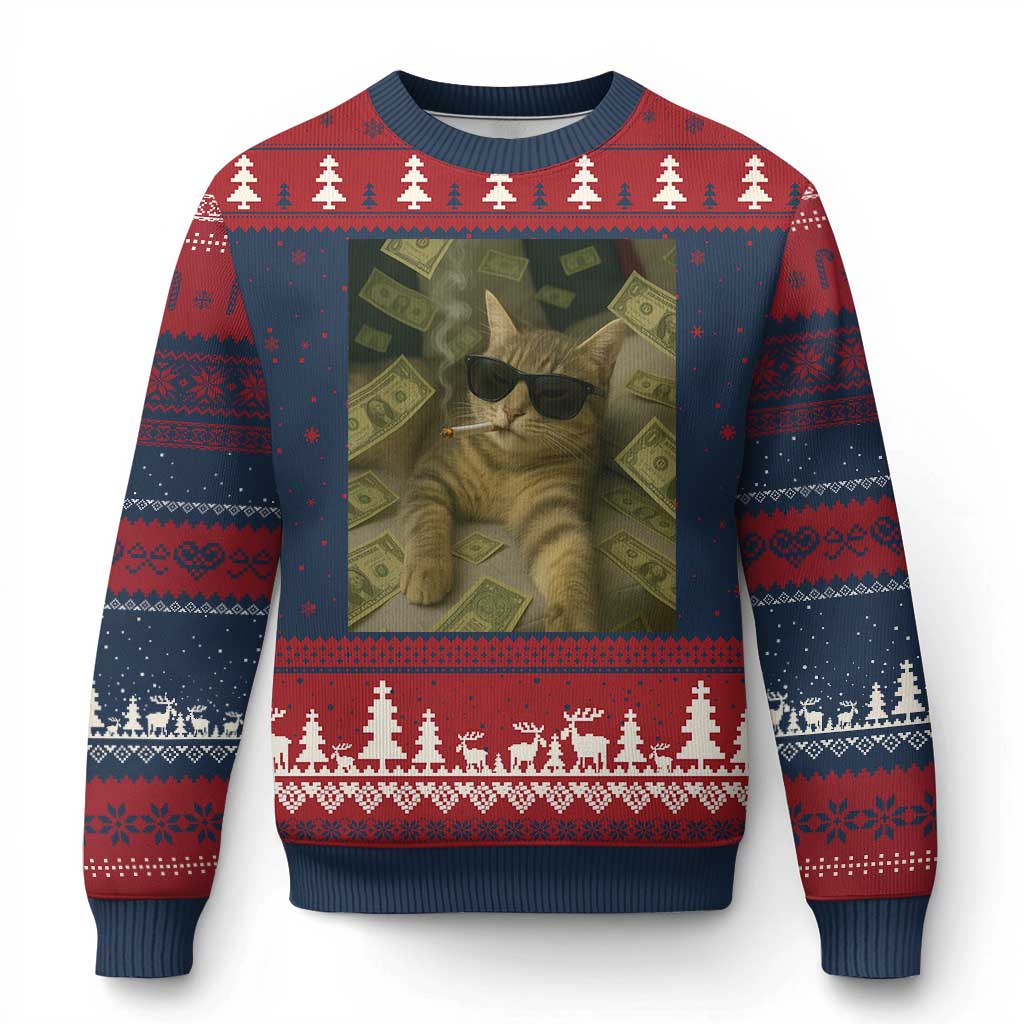 Funny Smoking Cat Selfie Meme Ugly Christmas Sweater Gen Z Joke - Wonder Print Shop