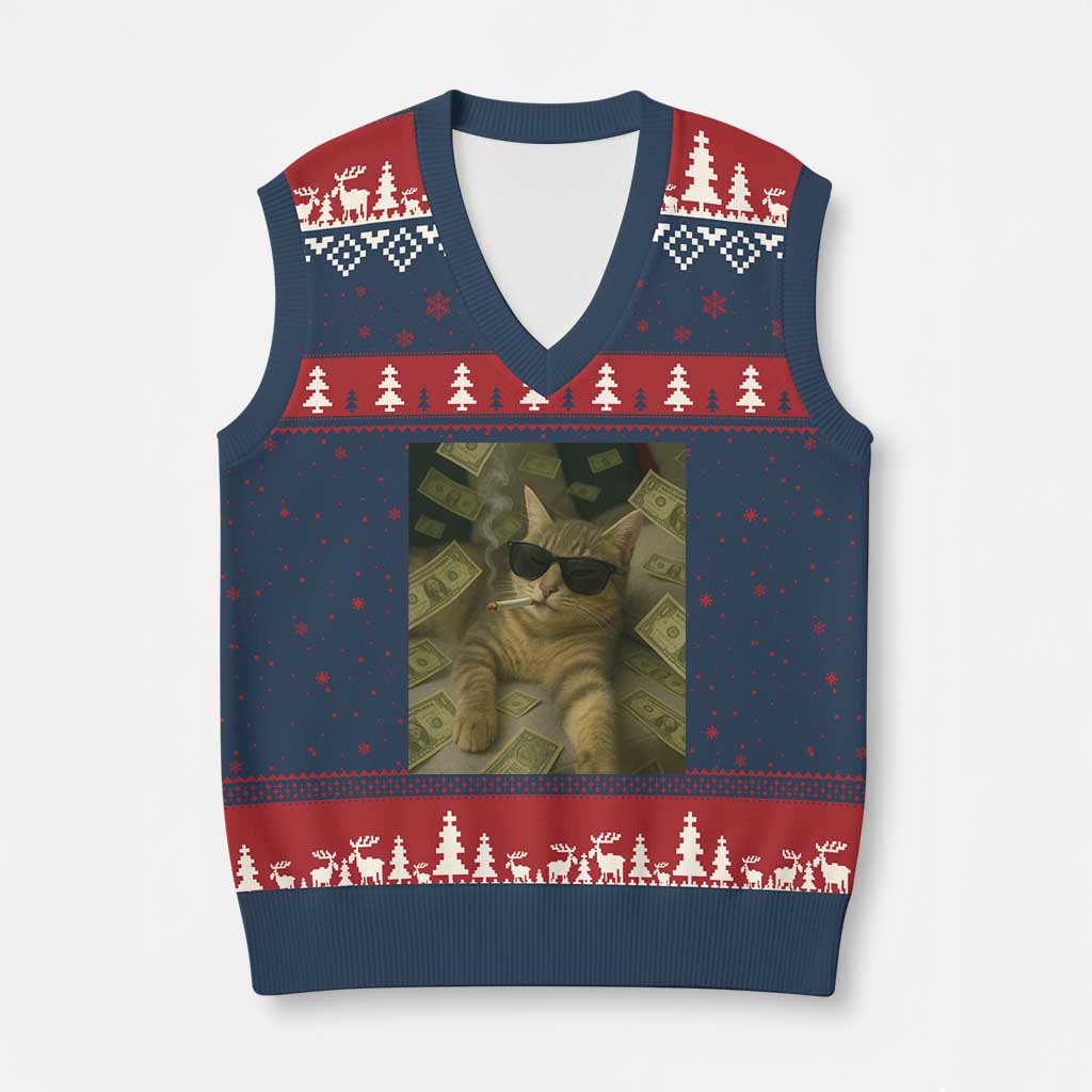 Funny Smoking Cat Selfie Meme V-Neck Knit Sweater Vest Gen Z Joke - Wonder Print Shop