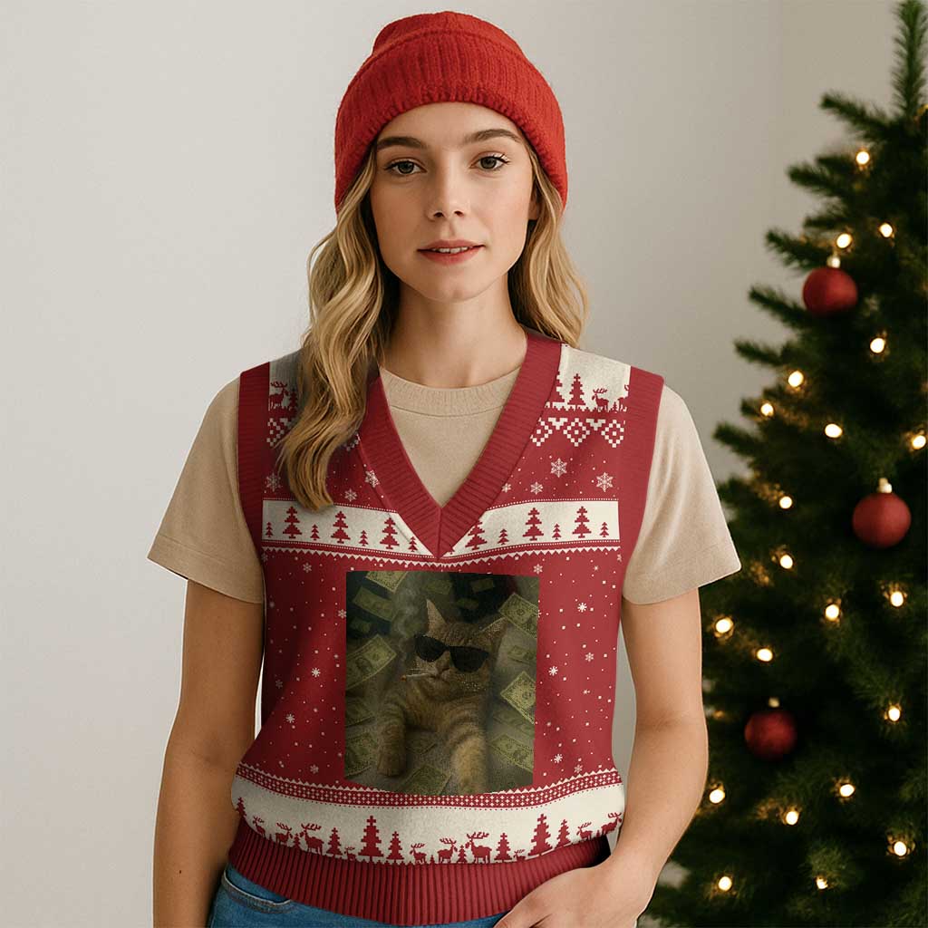Funny Smoking Cat Selfie Meme V-Neck Knit Sweater Vest Gen Z Joke - Wonder Print Shop