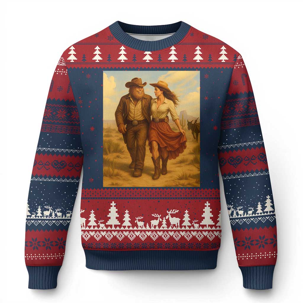 Cowboy Bigfoot Ugly Christmas Sweater Funny Sasquatch Dancing Cowgirl Western Country - Wonder Print Shop
