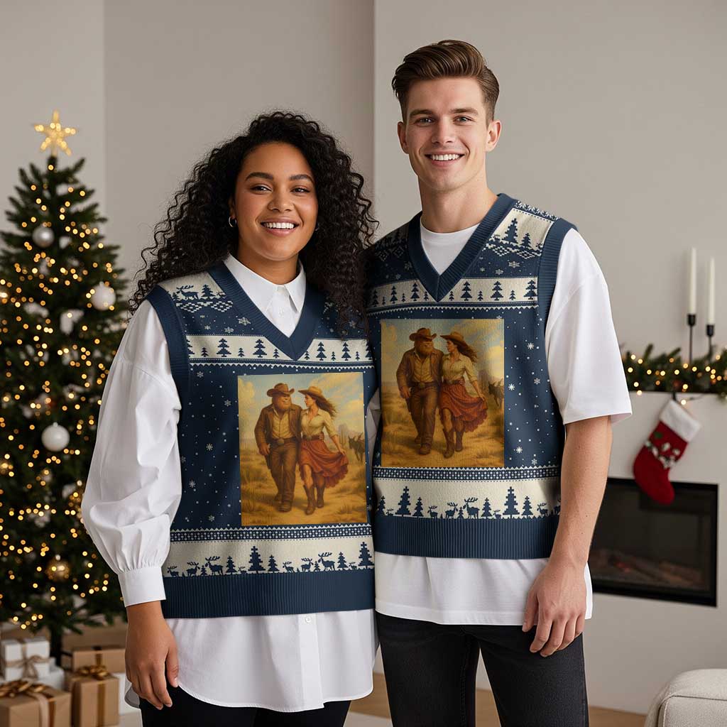 Cowboy Bigfoot V-Neck Knit Sweater Vest Funny Sasquatch Dancing Cowgirl Western Country - Wonder Print Shop