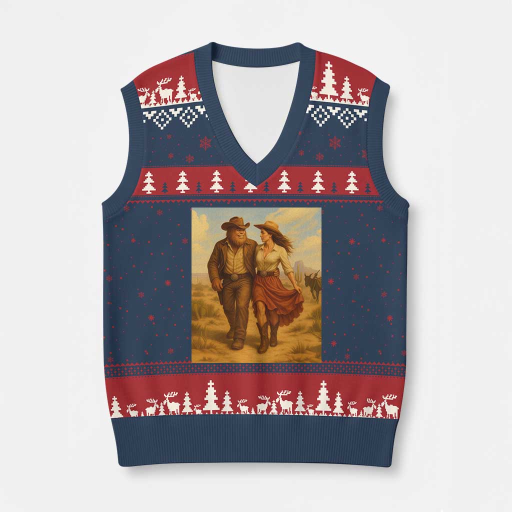 Cowboy Bigfoot V-Neck Knit Sweater Vest Funny Sasquatch Dancing Cowgirl Western Country - Wonder Print Shop