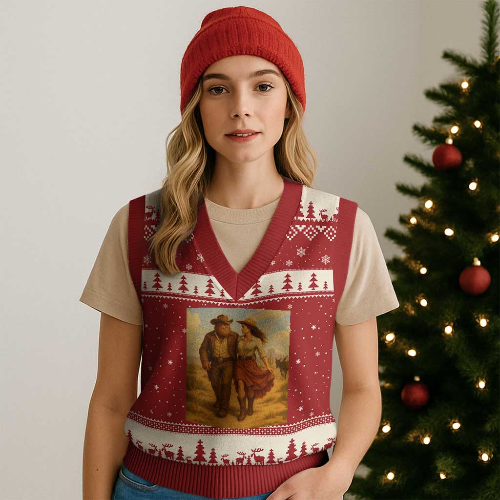 Cowboy Bigfoot V-Neck Knit Sweater Vest Funny Sasquatch Dancing Cowgirl Western Country - Wonder Print Shop