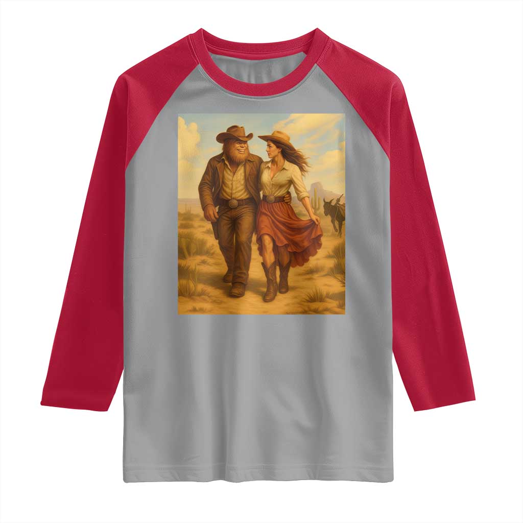 Cowboy Bigfoot Raglan Shirt Funny Sasquatch Dancing Cowgirl Western Country - Wonder Print Shop