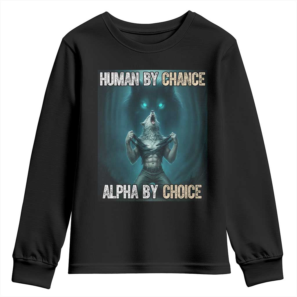 Funny Alpha Wolf Meme Youth Sweatshirt Human By Chance Alpha By Choice - Wonder Print Shop
