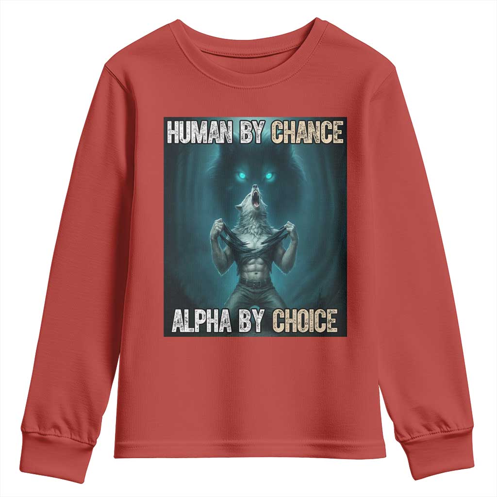 Funny Alpha Wolf Meme Youth Sweatshirt Human By Chance Alpha By Choice - Wonder Print Shop