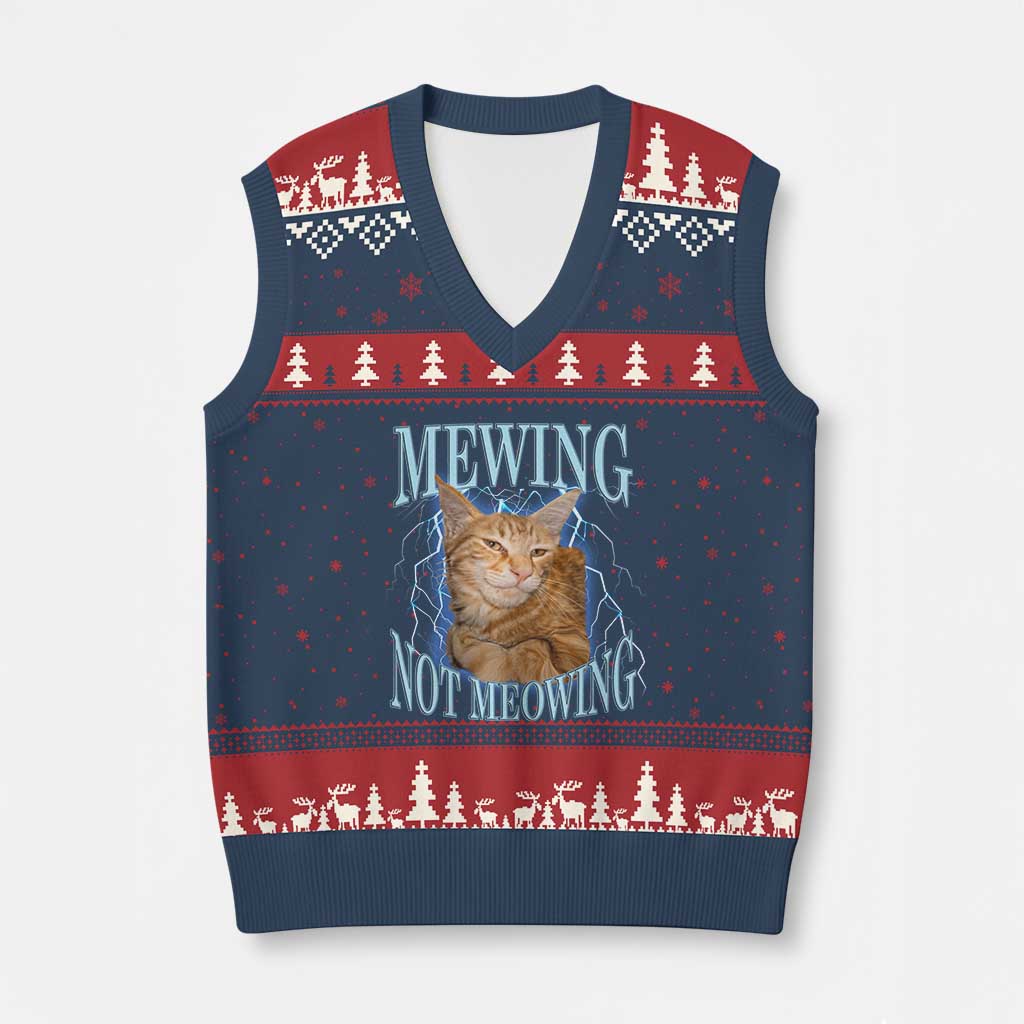 Mewing Not Meowing V-Neck Knit Sweater Vest Funny Cat Meme - Wonder Print Shop