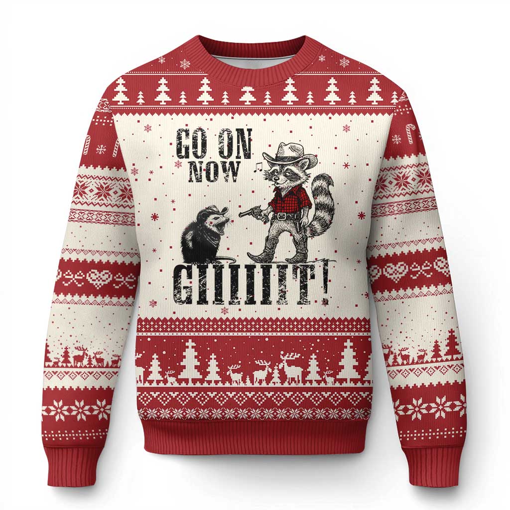 Funny Cowboy Raccoon Opossum Ugly Christmas Sweater Go On Now Git - Wonder Print Shop