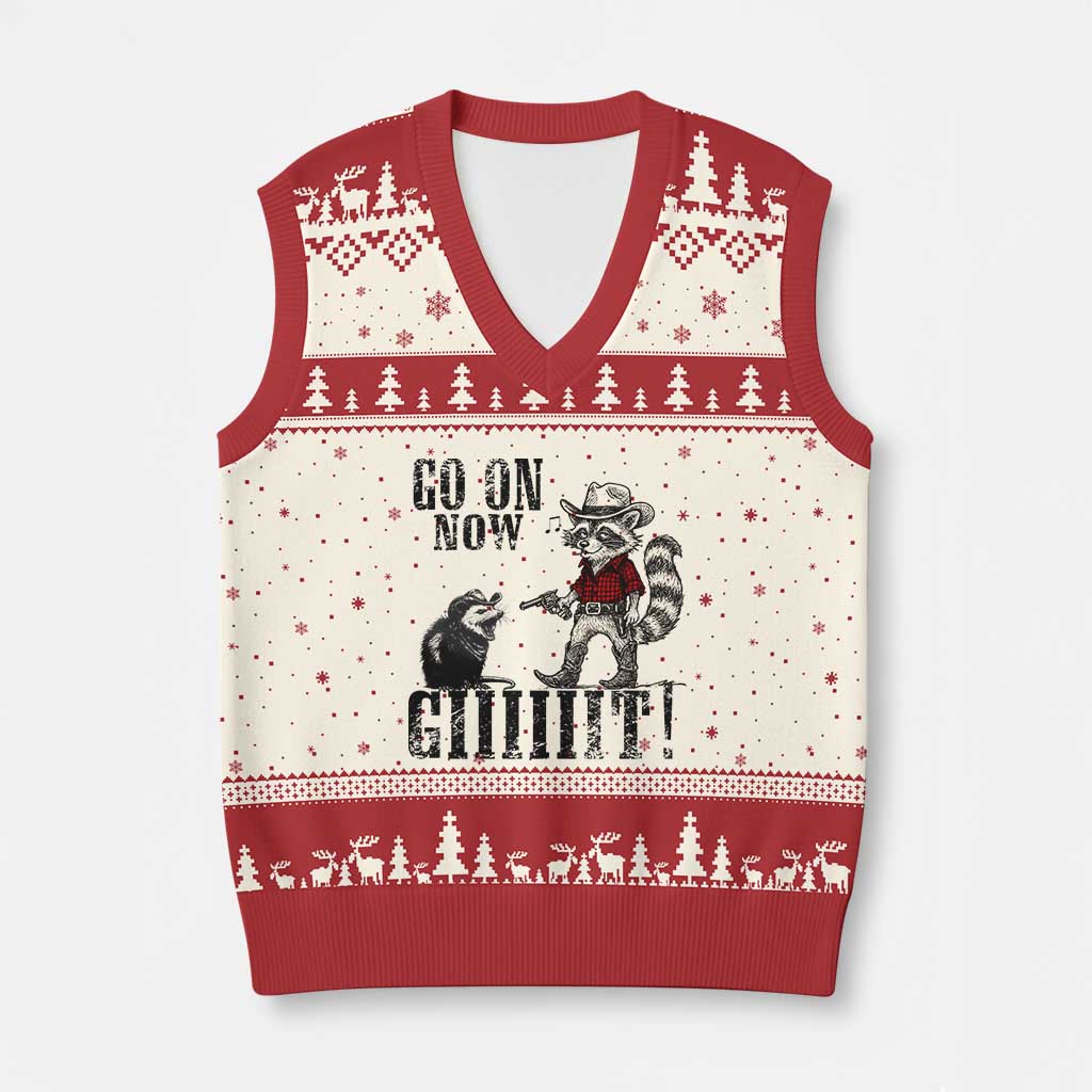 Funny Cowboy Raccoon Opossum V-Neck Knit Sweater Vest Go On Now Git - Wonder Print Shop
