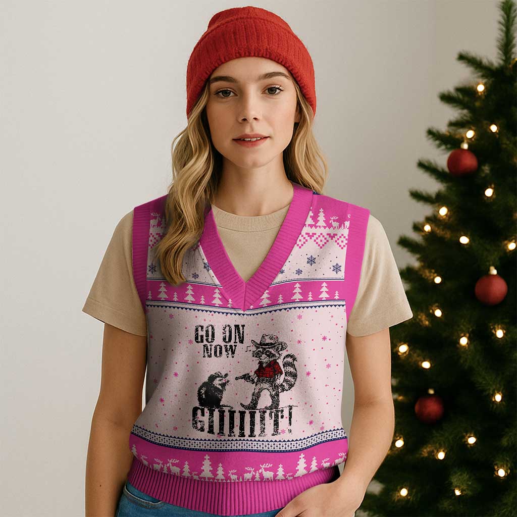 Funny Cowboy Raccoon Opossum V-Neck Knit Sweater Vest Go On Now Git - Wonder Print Shop