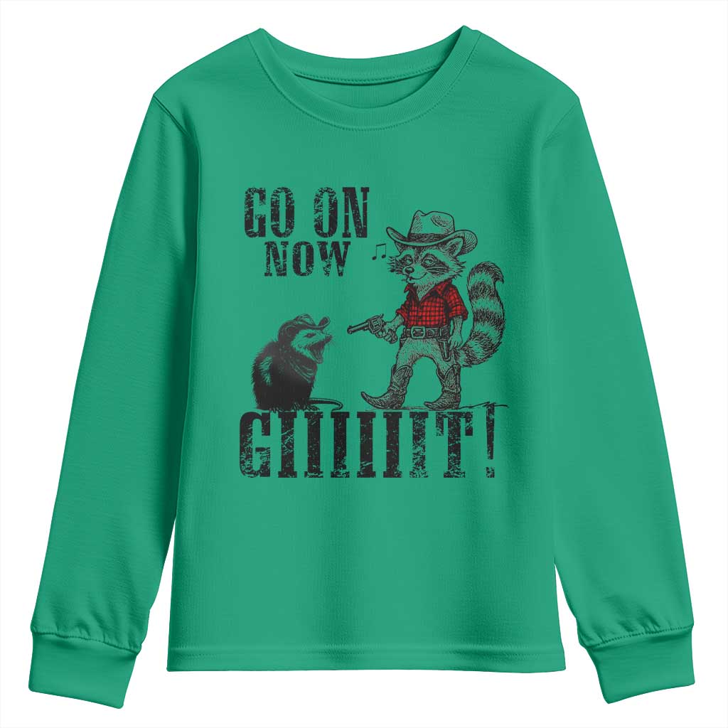 Funny Cowboy Raccoon Opossum Youth Sweatshirt Go On Now Git - Wonder Print Shop
