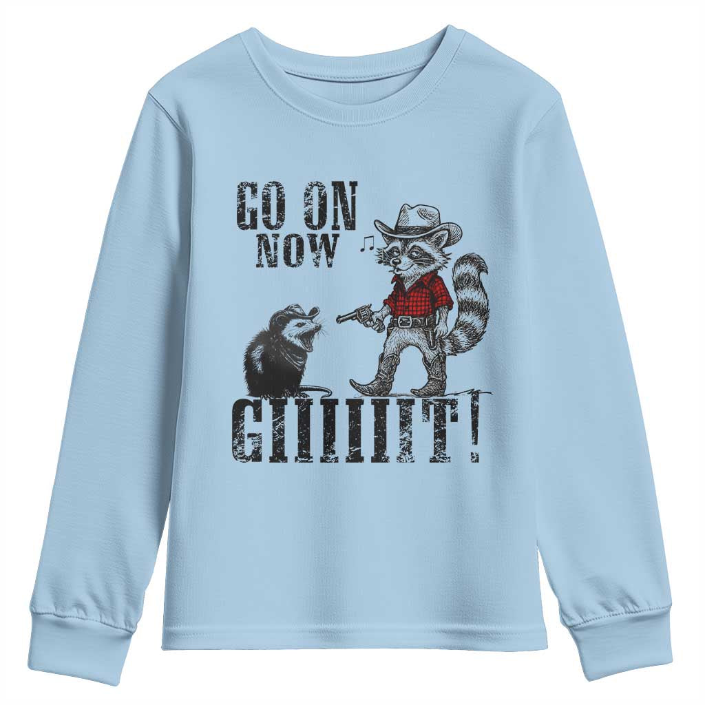 Funny Cowboy Raccoon Opossum Youth Sweatshirt Go On Now Git - Wonder Print Shop