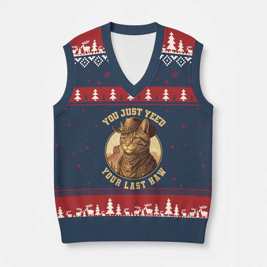 Cowboy Cat V-Neck Knit Sweater Vest You Just Yeehaw Your Last Haw - Wonder Print Shop