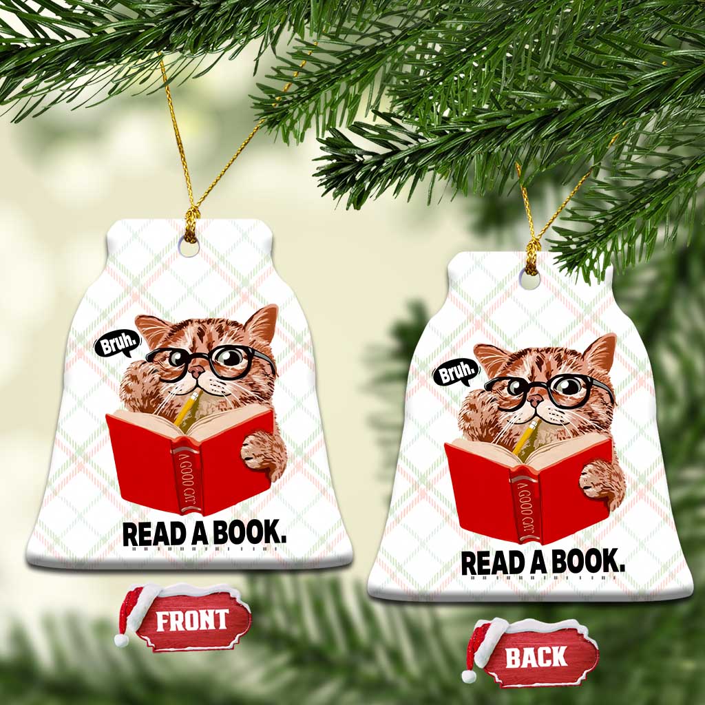 Funny Cat Reading Ceramic Ornament Book Lover - Wonder Print Shop