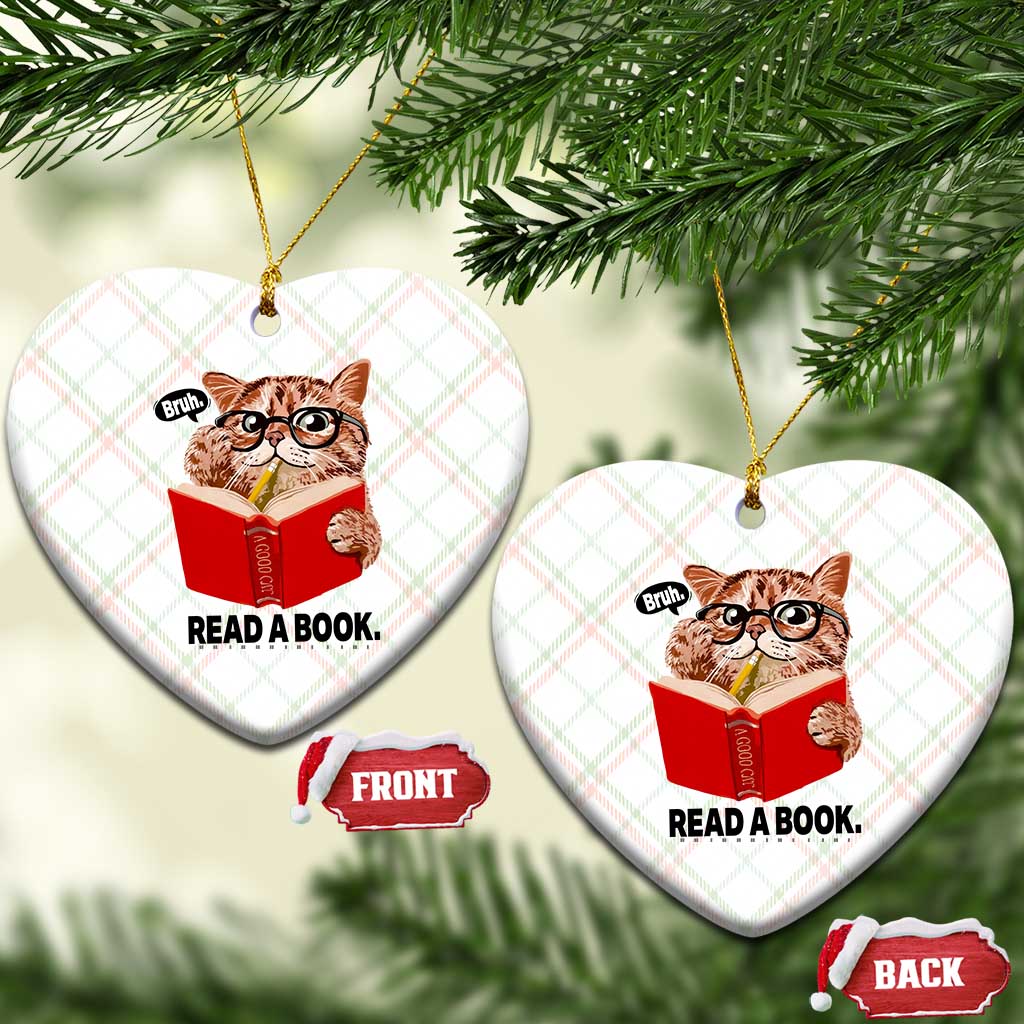 Funny Cat Reading Ceramic Ornament Book Lover - Wonder Print Shop