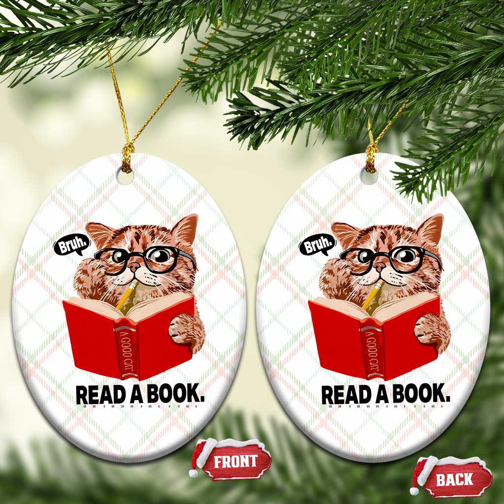 Funny Cat Reading Ceramic Ornament Book Lover - Wonder Print Shop