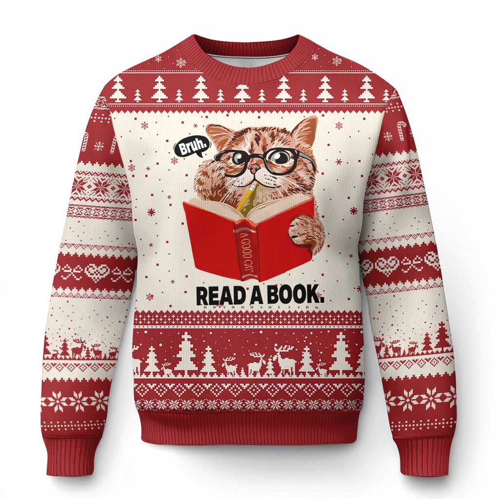 Funny Cat Reading Ugly Christmas Sweater Book Lover - Wonder Print Shop