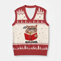Funny Cat Reading V-Neck Knit Sweater Vest Book Lover - Wonder Print Shop