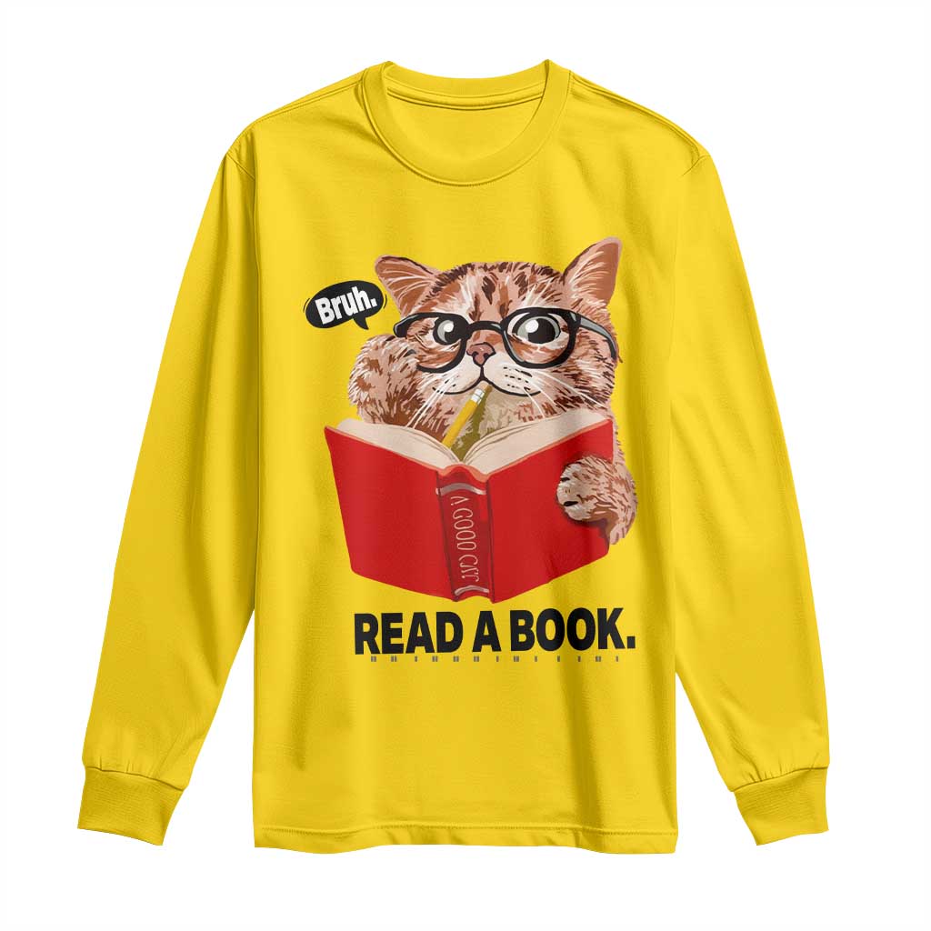 Funny Cat Reading Long Sleeve Shirt Book Lover - Wonder Print Shop