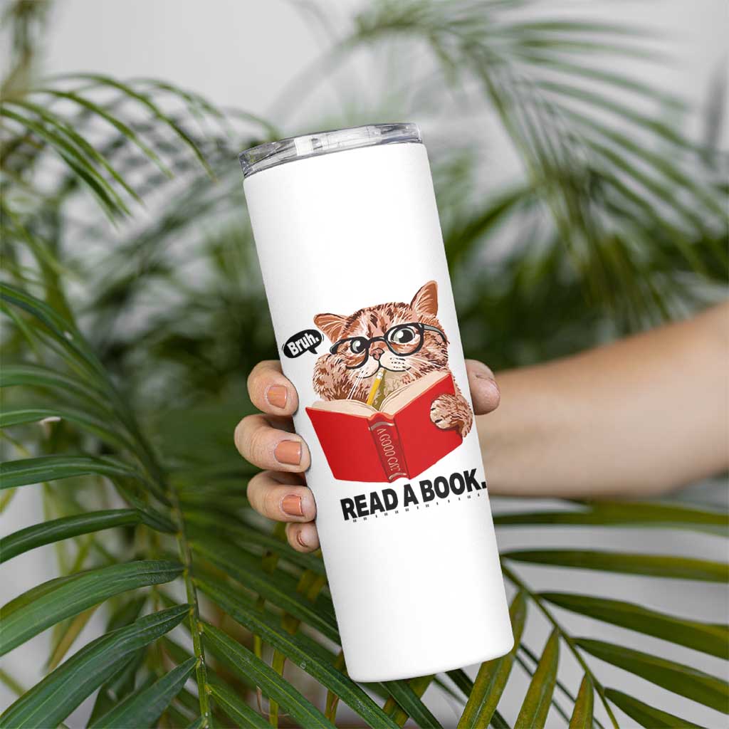 Funny Cat Reading Skinny Tumbler Book Lover - Wonder Print Shop