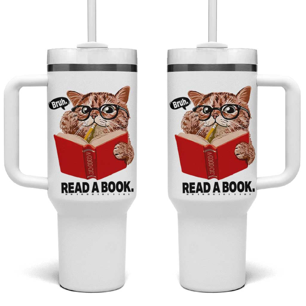 Funny Cat Reading Tumbler With Handle Book Lover - Wonder Print Shop