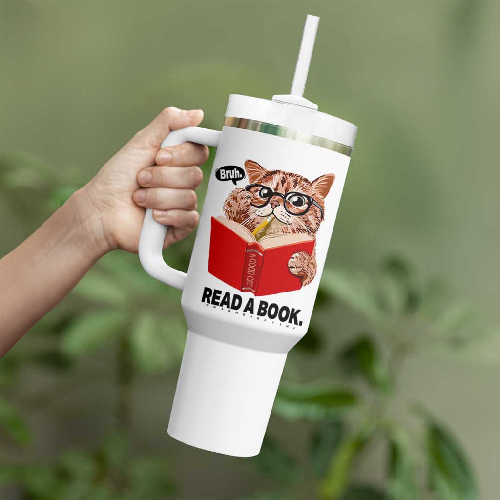 Funny Cat Reading Tumbler With Handle Book Lover - Wonder Print Shop