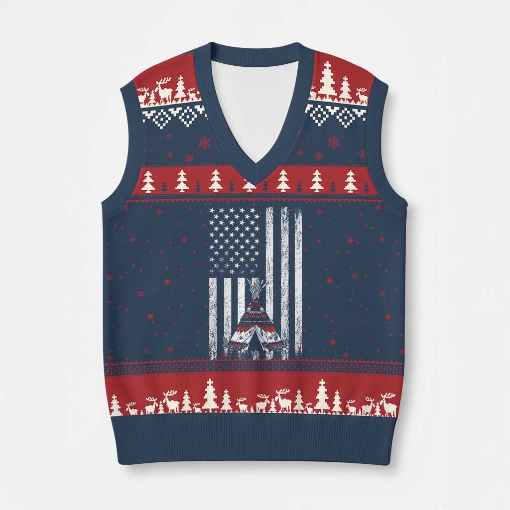 Teepee Pocket Native American V-Neck Knit Sweater Vest American Flag Native Feather Pride Month Indigenous