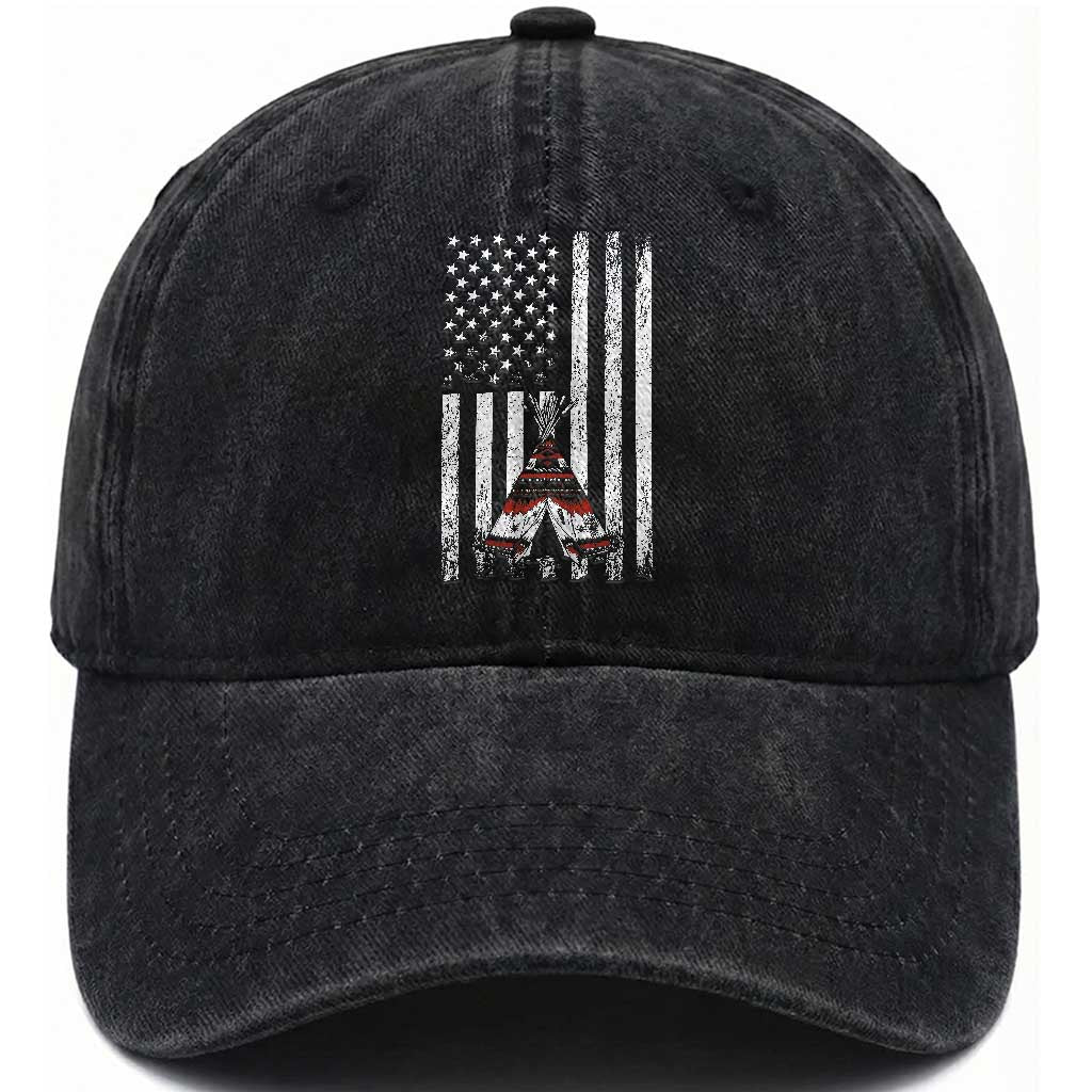 Teepee Pocket Native American Washed Cotton Baseball Cap American Flag Native Feather Pride Month Indigenous