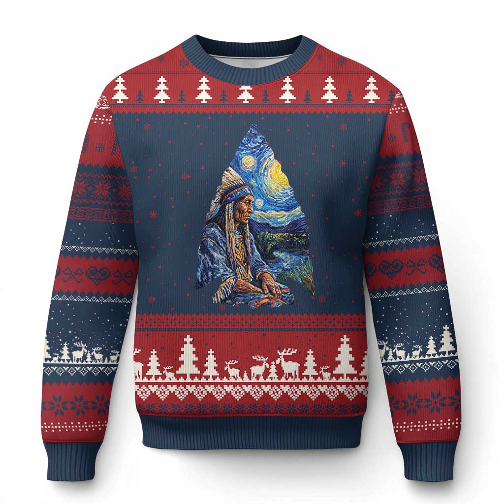 Native American Arrowhead Hunter Starry Night Ugly Christmas Sweater