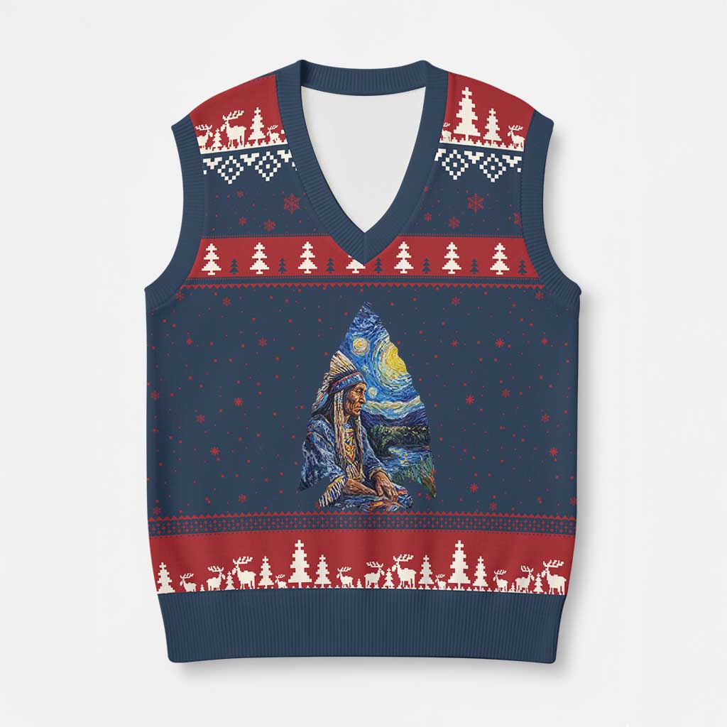 Native American Arrowhead Hunter Starry Night V-Neck Knit Sweater Vest