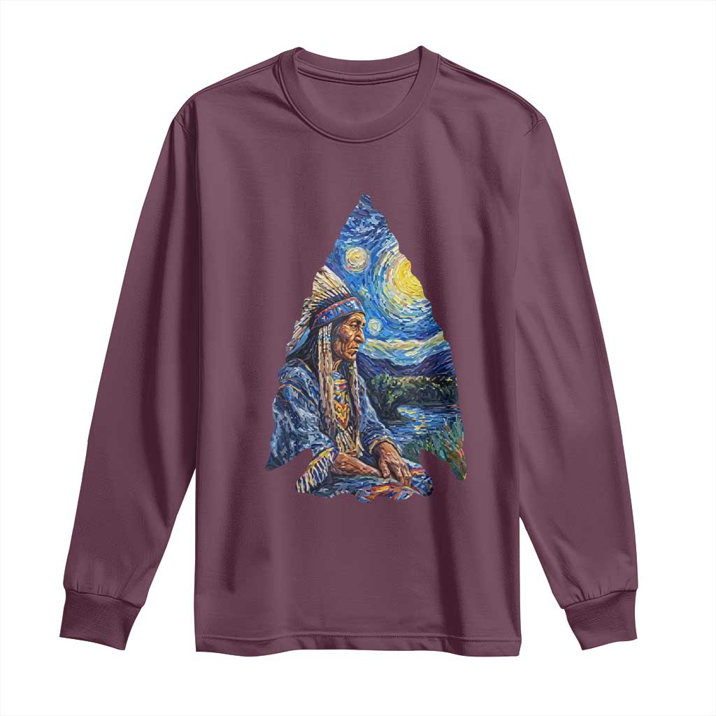 Native American Arrowhead Hunter Starry Night Long Sleeve Shirt