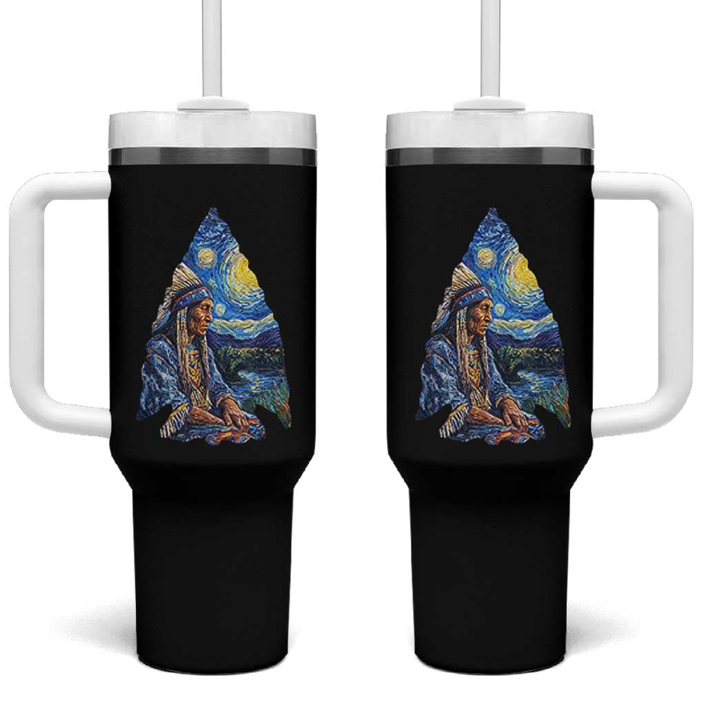 Native American Arrowhead Hunter Starry Night Tumbler With Handle